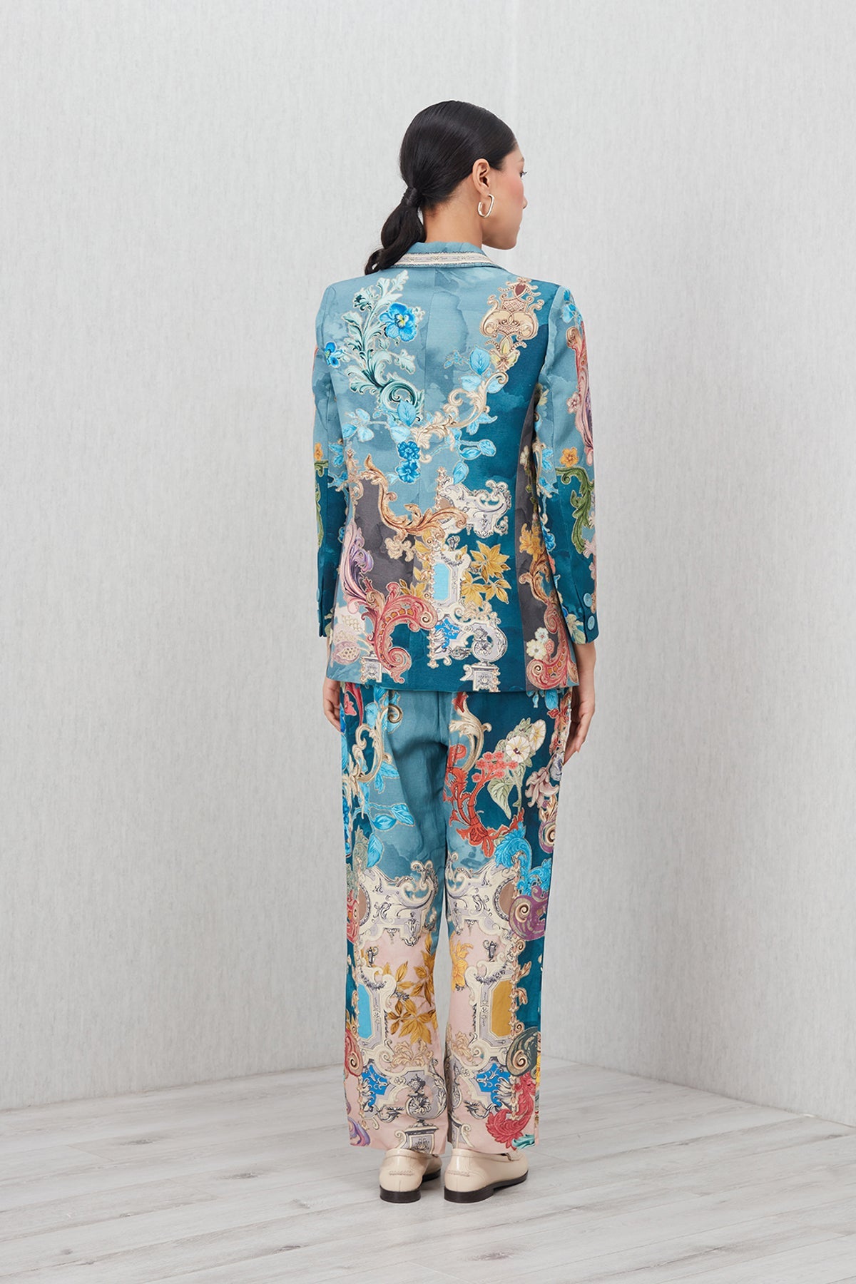 Ranna Gill Elaris Notch Collar Jacket in linen viscose Baroque print with sharp lapels and pockets.