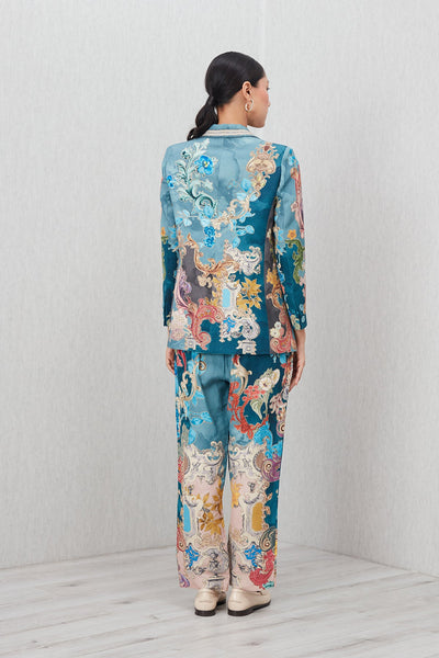 Ranna Gill Elaris Notch Collar Jacket in linen viscose Baroque print with sharp lapels and pockets.