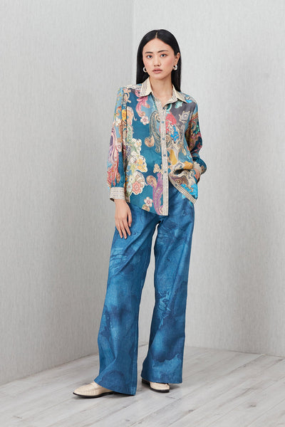 Ranna Gill Dorelle Baroque Print Buttondown Shirt in satin with contrast collar and embroidered borders