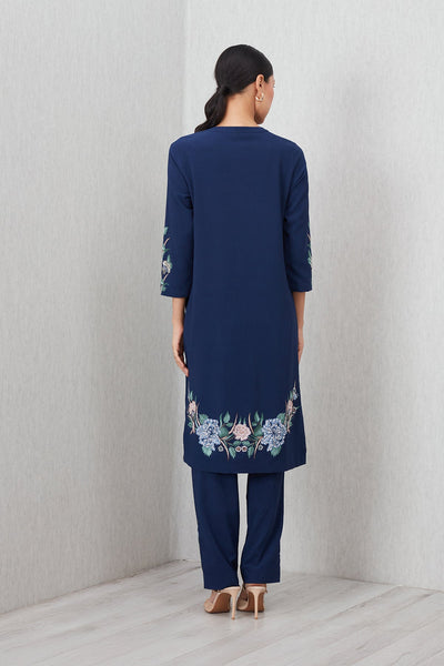 Ranna Gill Elowen Tunic Set in navy blue with floral embroidery.
