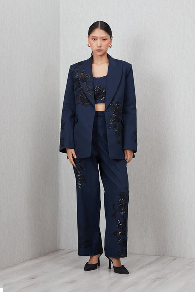 Ranna Gill Amara Oversized Jacket in navy blue cotton twill with Black floral sequin embroidery.
