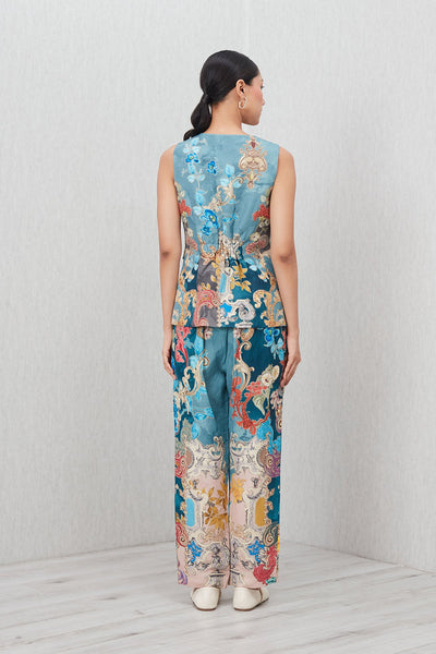 Ranna Gill Soline Round Neck Waist Coat in Baroque print linen viscose with floral appliques 