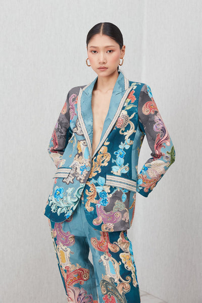 Ranna Gill Elaris Notch Collar Jacket in linen viscose Baroque print with sharp lapels and pockets.