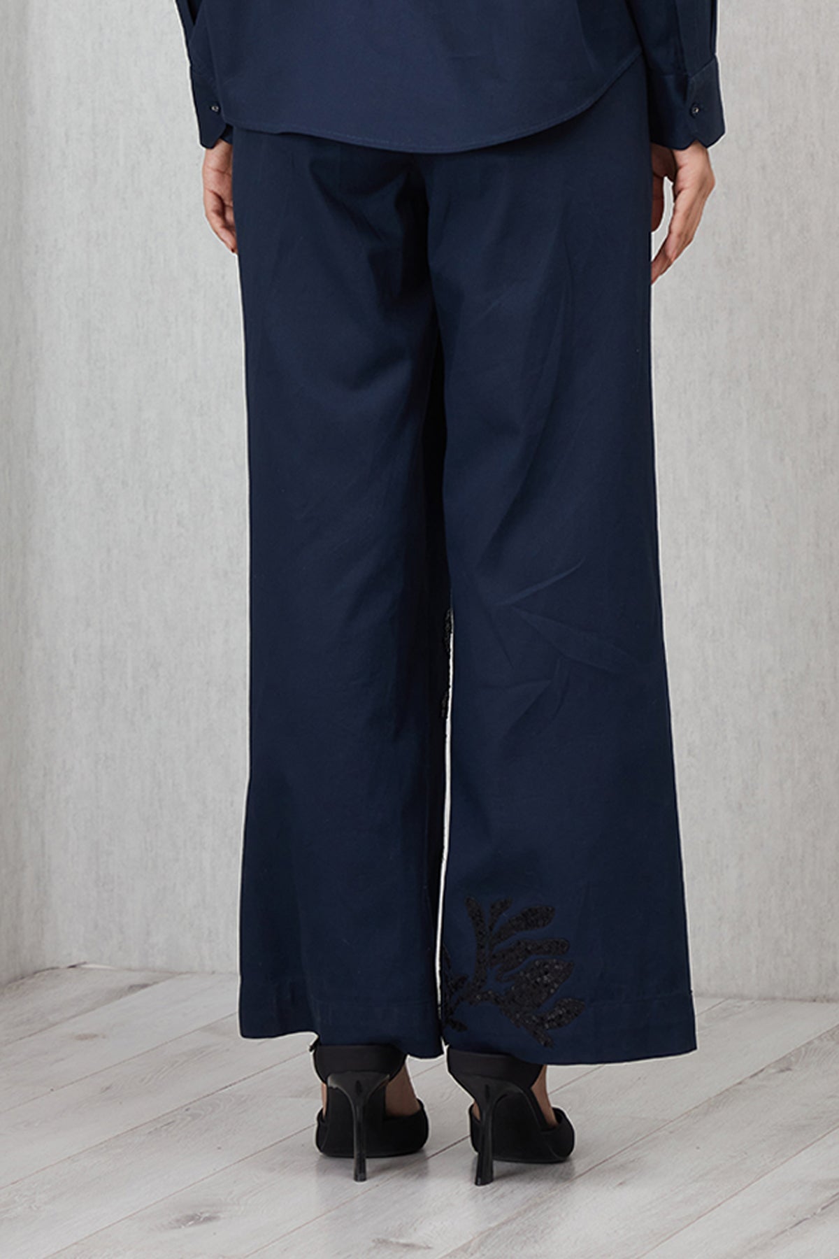 Ranna Gill Tara High Waisted Pants in navy blue cotton twill with tonal applique.