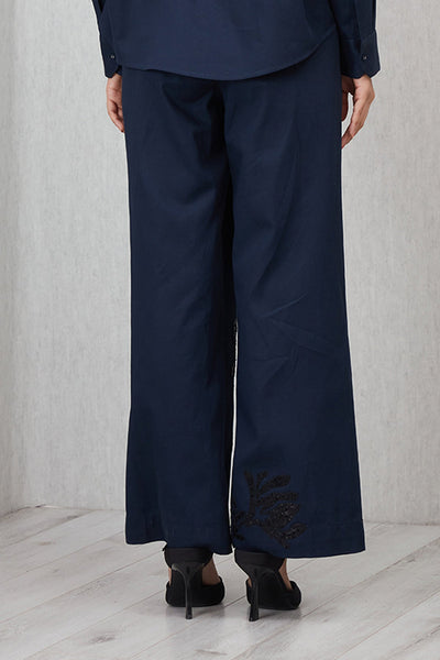 Ranna Gill Tara High Waisted Pants in navy blue cotton twill with tonal applique.