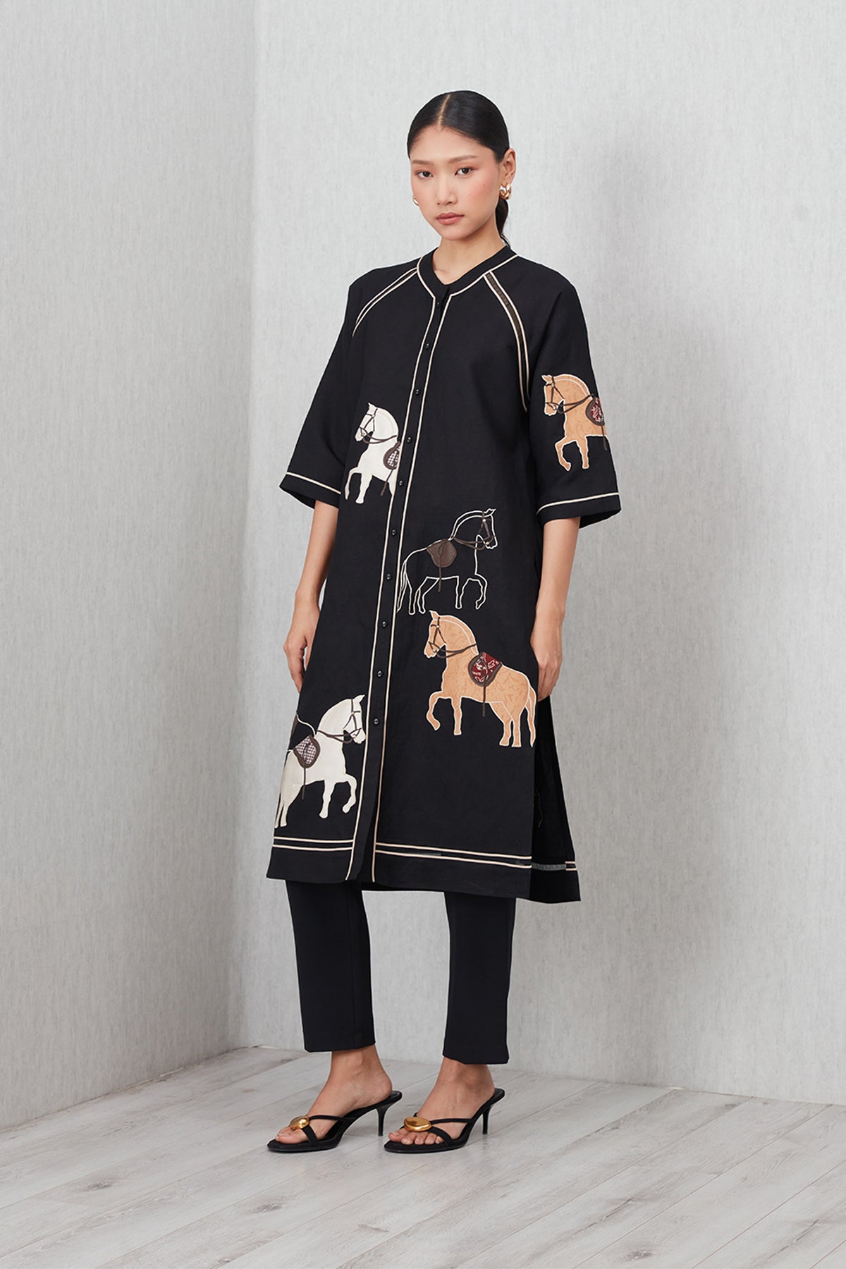 Ranna Gill Giara Black Viscose Linen Tunic with horse embroidery and contrast piping.