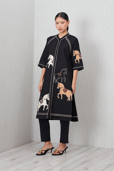 Ranna Gill Giara Black Viscose Linen Tunic with horse embroidery and contrast piping.