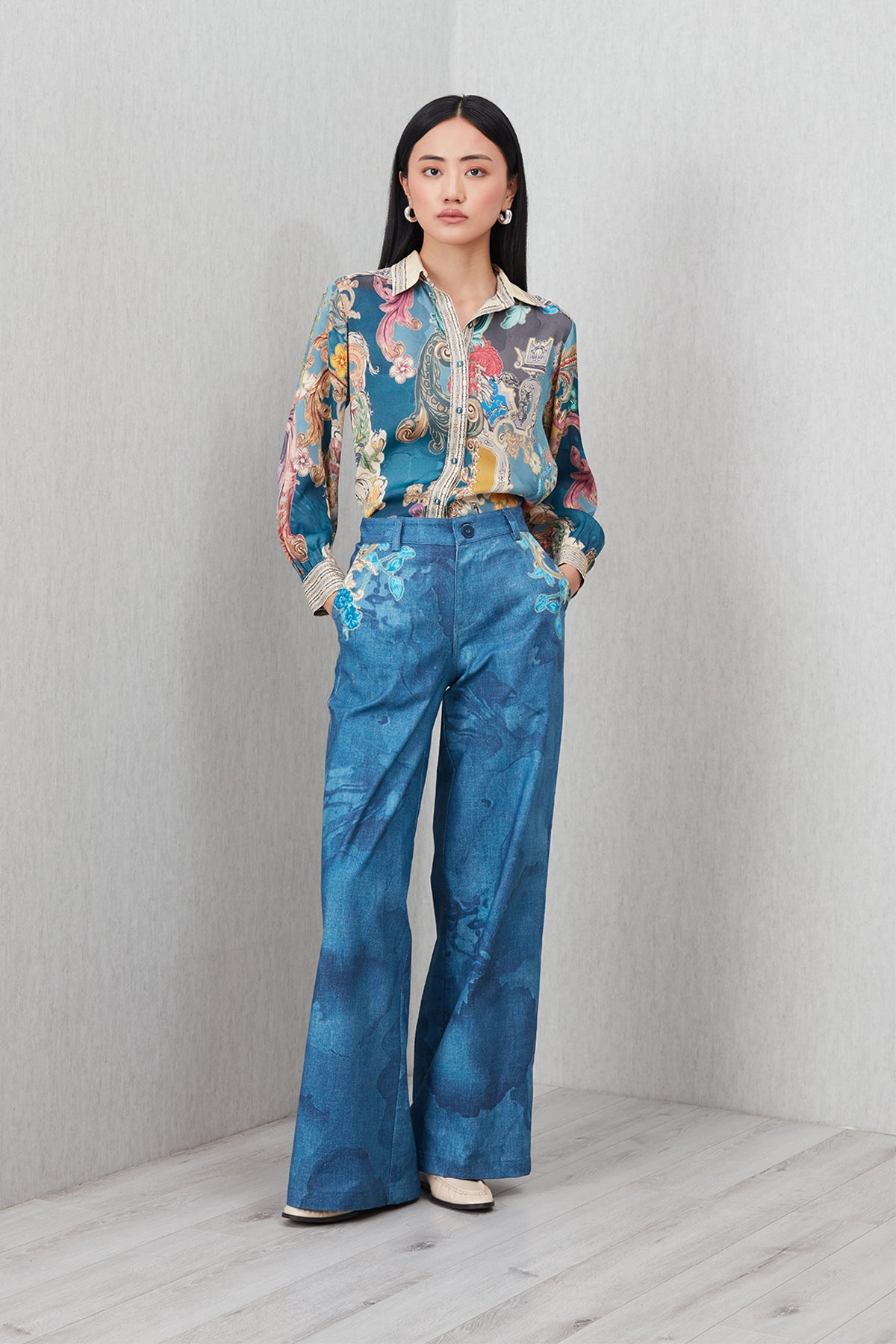 Ranna Gill Dorelle Baroque Print Buttondown Shirt in satin with contrast collar and embroidered borders