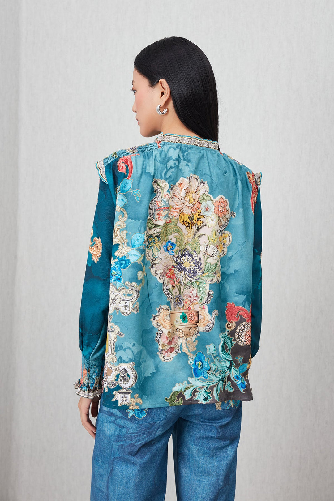 Ranna Gill Venari Neck Tie Blouse in Poly Crinkle Baroque print with tie-up neckline and gathered cuffs.