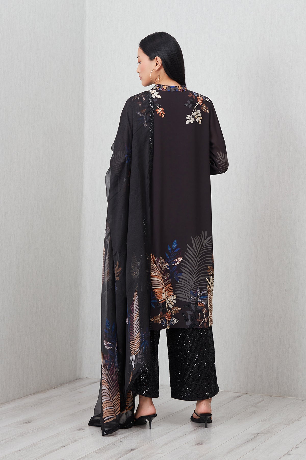 Ranna Gill Virelle Tunic Set in black with autumn foliage print & mirror neckline.
