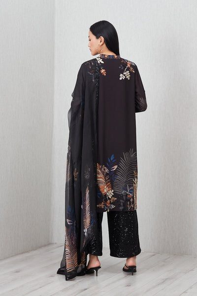 Ranna Gill Virelle Tunic Set in black with autumn foliage print & mirror neckline.