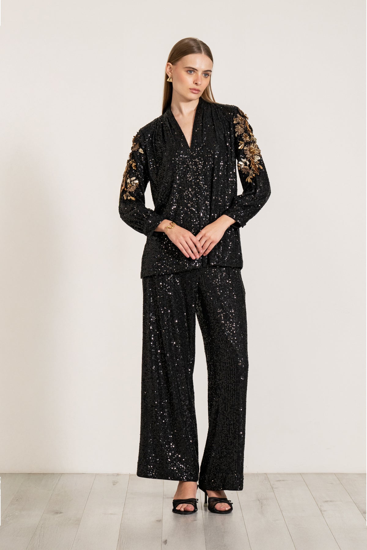 Ranna Gill Velden Sequin Pants in Black sequin.