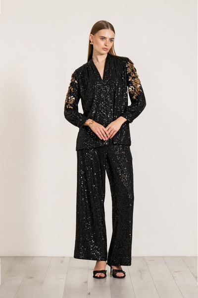 Ranna Gill Velden Sequin Pants in Black sequin.