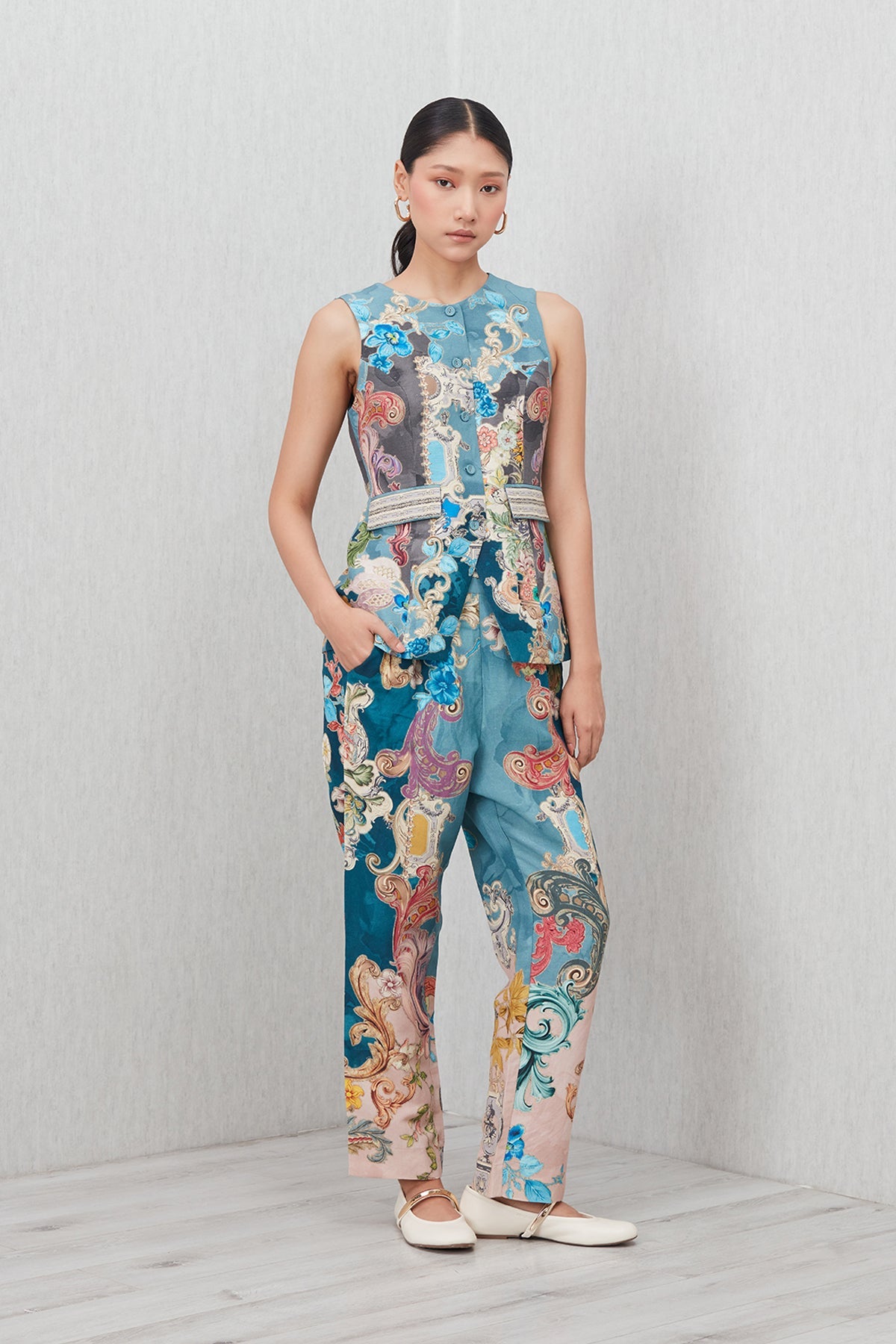 Ranna Gill Oranta Rara Pants women’s wide-leg Baroque print in teal, pastel and rose tones.