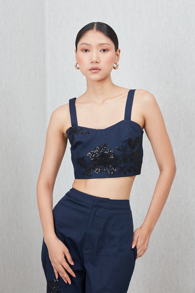 Ranna Gill Tammie Bustier in navy blue cotton twill with tonal floral applique and sequins.