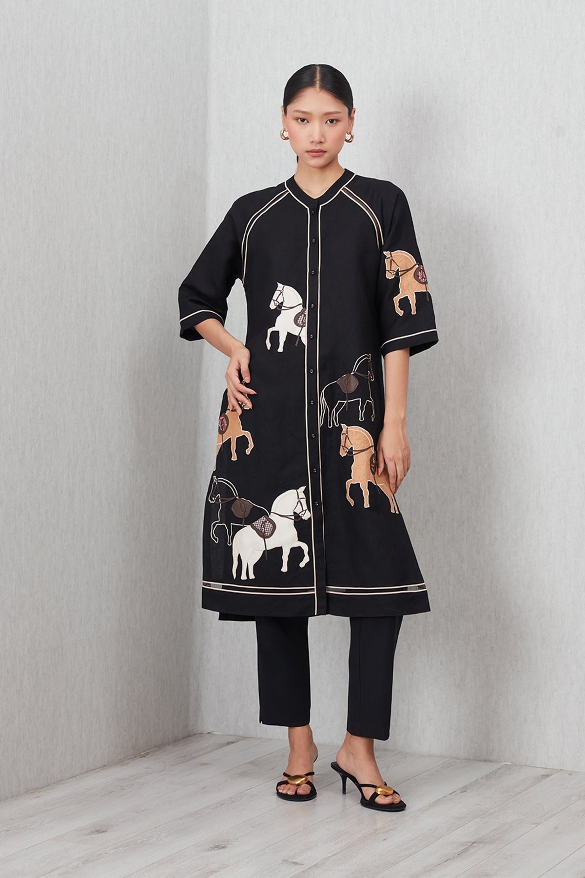 Ranna Gill Giara Black Viscose Linen Tunic with horse embroidery and contrast piping.