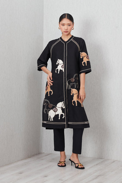Ranna Gill Giara Black Viscose Linen Tunic with horse embroidery and contrast piping.