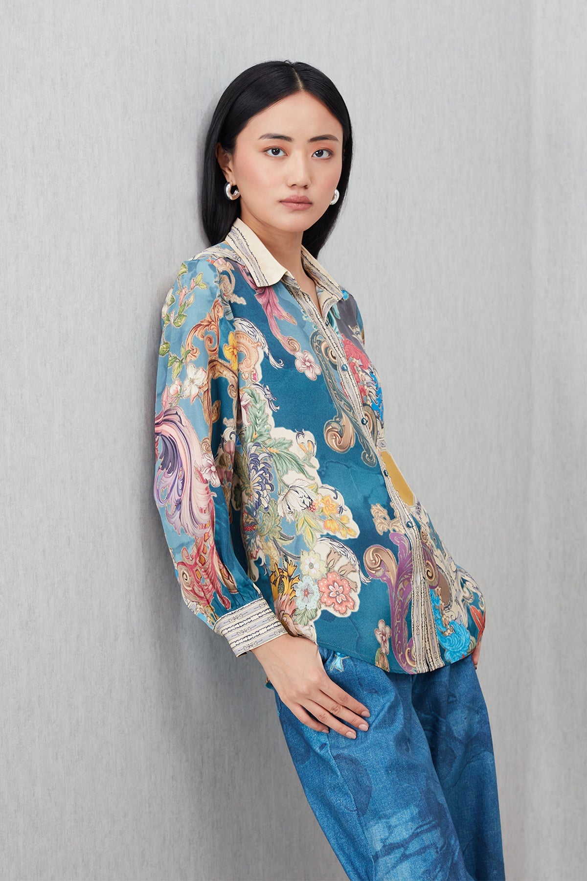 Ranna Gill Dorelle Baroque Print Buttondown Shirt in satin with contrast collar and embroidered borders