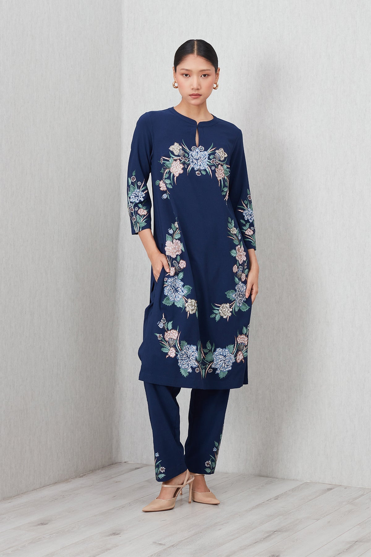 Ranna Gill Elowen Tunic Set in navy blue with floral embroidery.