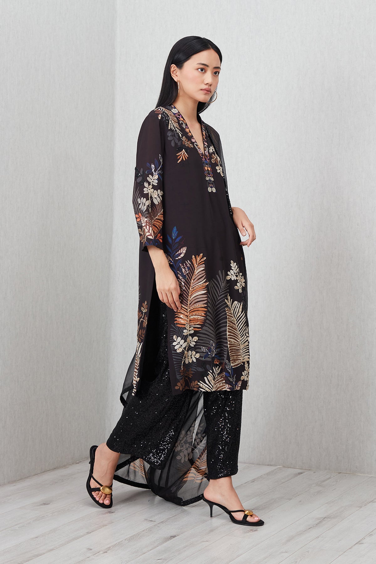 Ranna Gill Virelle Tunic Set in black with autumn foliage print & mirror neckline.