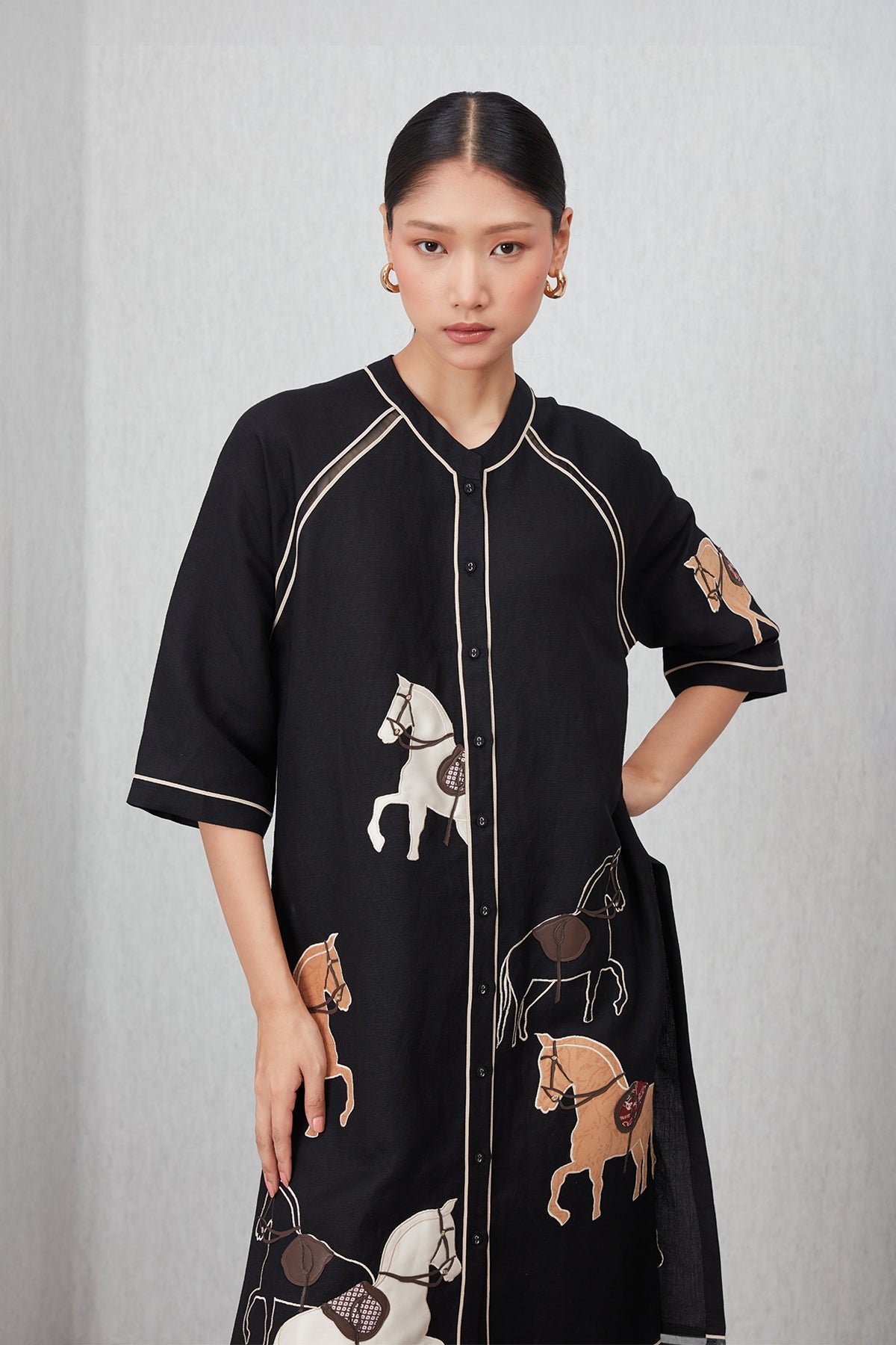 Ranna Gill Giara Black Viscose Linen Tunic with horse embroidery and contrast piping.
