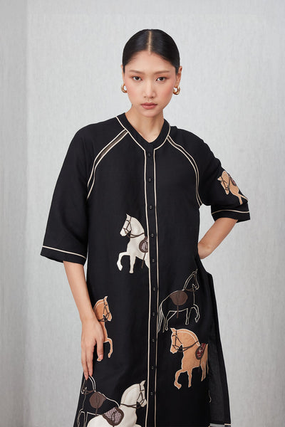 Ranna Gill Giara Black Viscose Linen Tunic with horse embroidery and contrast piping.