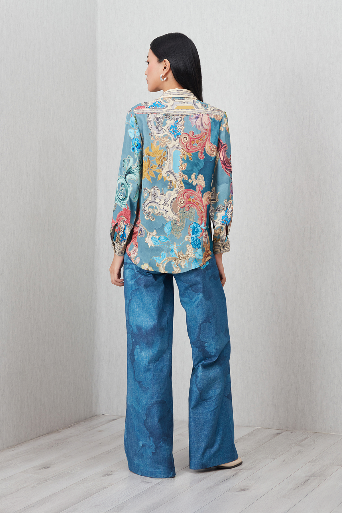 Ranna Gill Dorelle Baroque Print Buttondown Shirt in satin with contrast collar and embroidered borders