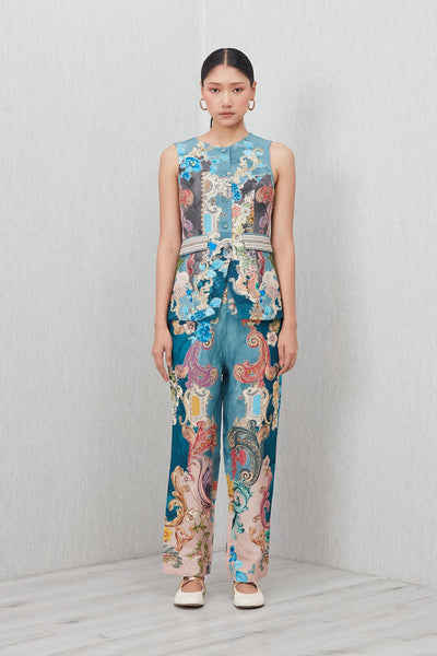 Ranna Gill Soline Round Neck Waist Coat in Baroque print linen viscose with floral appliques 