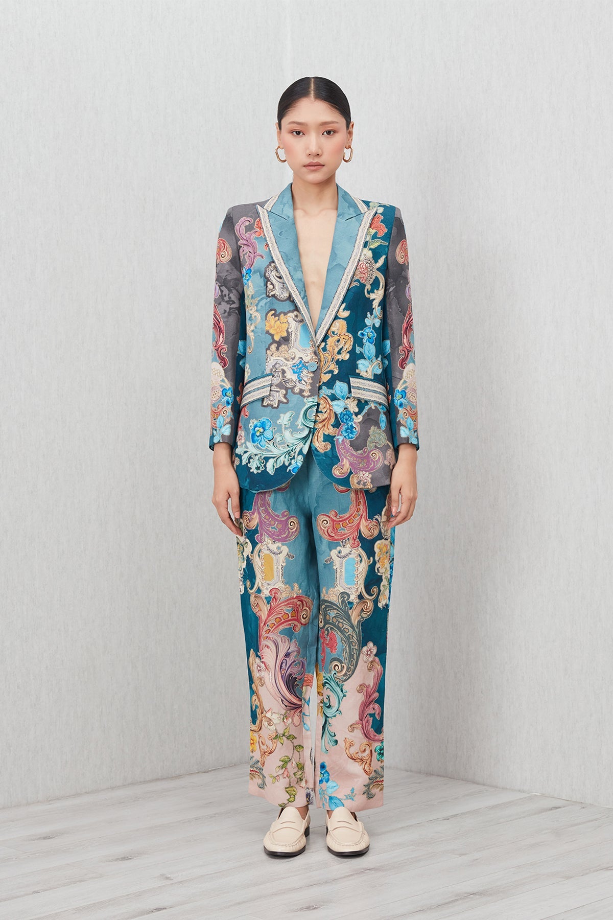 Ranna Gill Elaris Notch Collar Jacket in linen viscose Baroque print with sharp lapels and pockets.