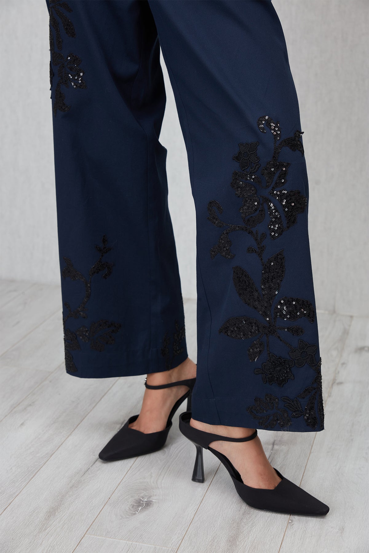 Ranna Gill Tara High Waisted Pants in navy blue cotton twill with tonal applique.