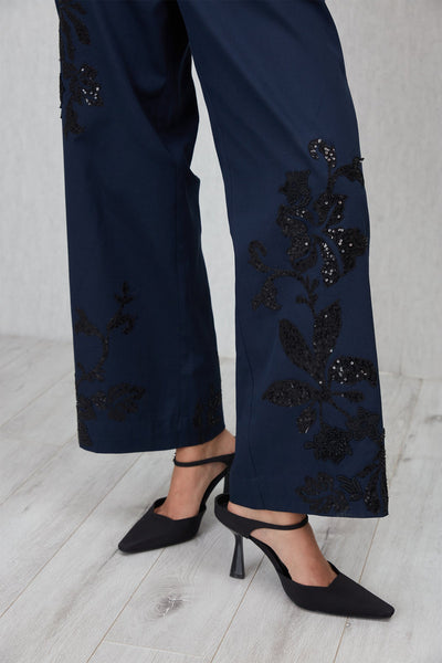Ranna Gill Tara High Waisted Pants in navy blue cotton twill with tonal applique.