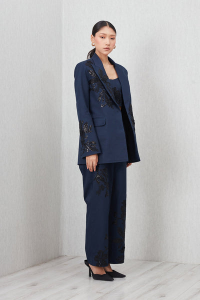 Ranna Gill Amara Oversized Jacket in navy blue cotton twill with Black floral sequin embroidery.