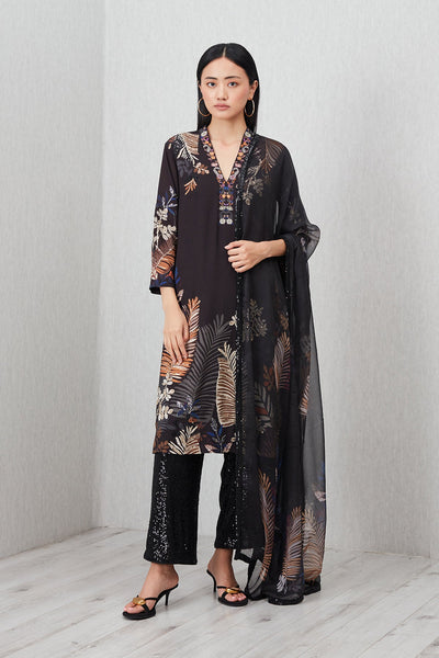 Ranna Gill Virelle Tunic Set in black with foliage print & mirror neckline.