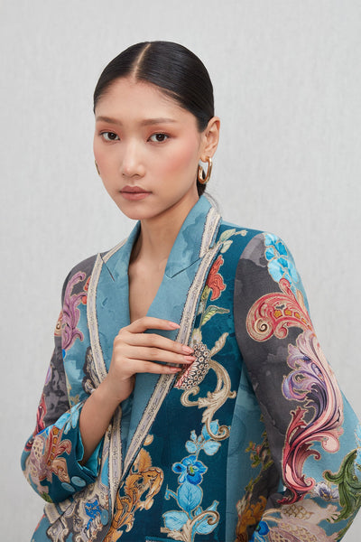 Ranna Gill Elaris Notch Collar Jacket in linen viscose Baroque print with sharp lapels and pockets.