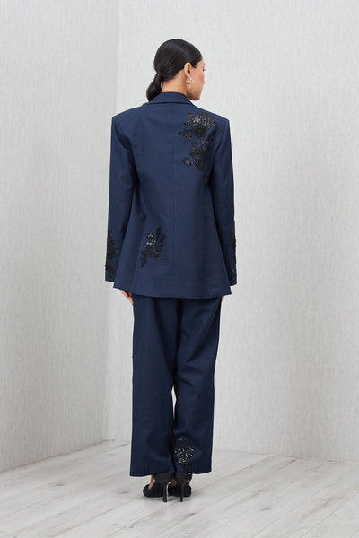 Ranna Gill Amara Oversized Jacket in navy blue cotton twill with Black floral sequin embroidery.