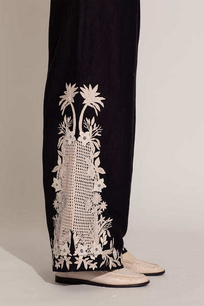 Ranna Gill Khloe black palazzo pants with ivory white floral embroidery. 