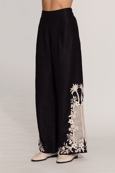 Ranna Gill Khloe black palazzo pants with ivory white floral embroidery. 