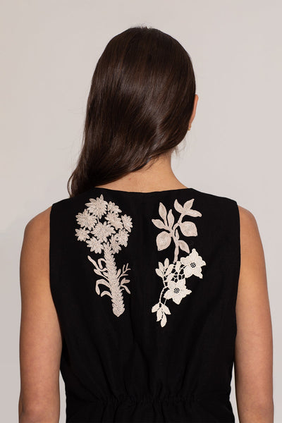 Ranna Gill Alina Waistcoat in black viscose linen with ivory thread artwork.