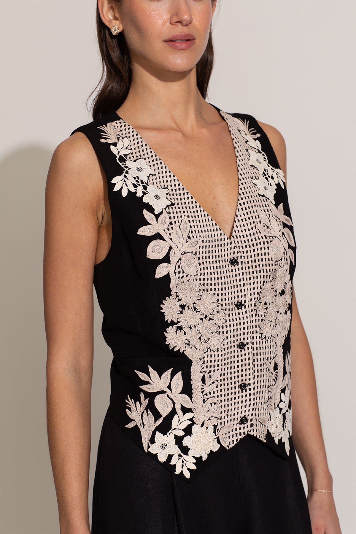 Ranna Gill Alina Waistcoat in black viscose linen with ivory thread artwork.