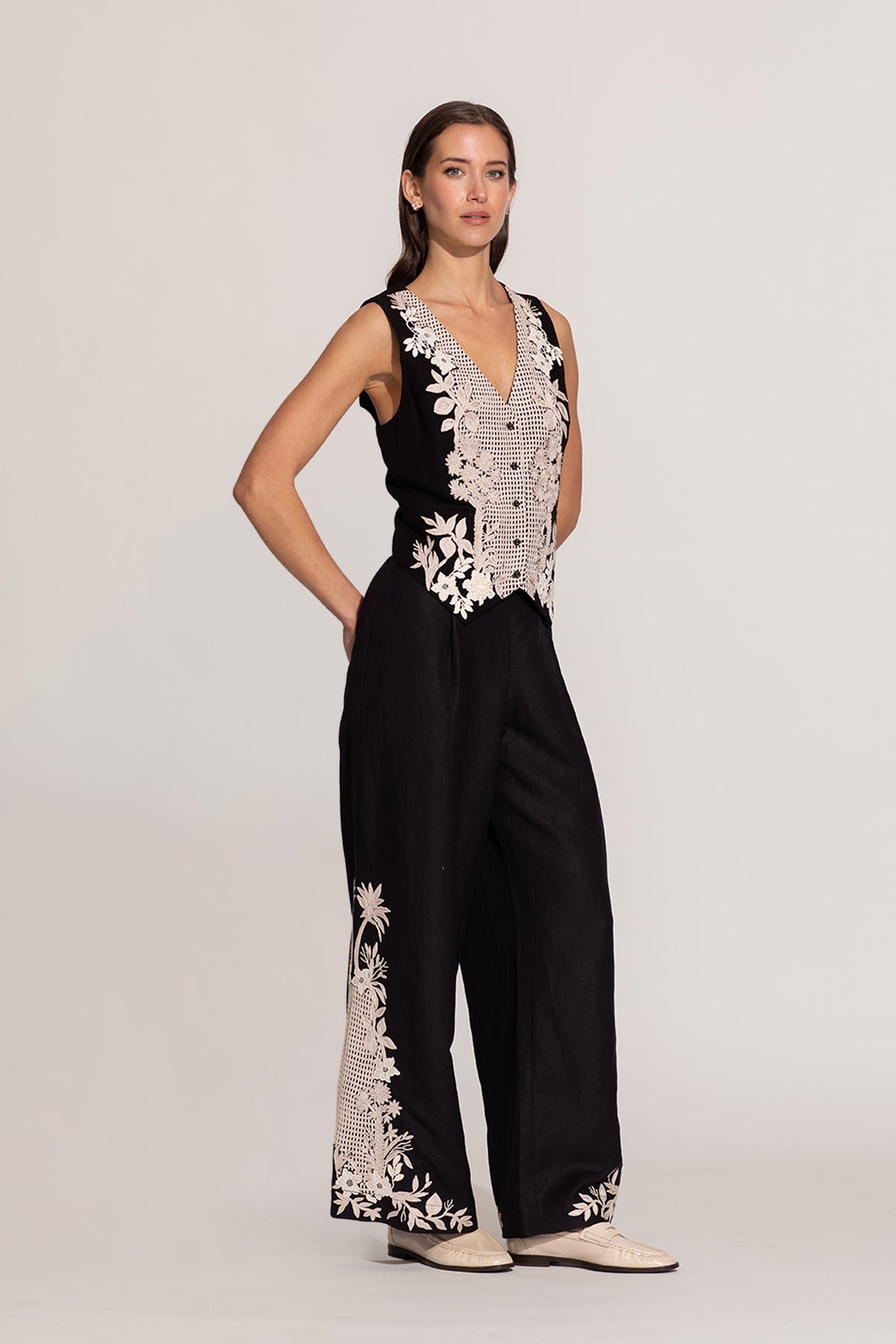 Ranna Gill Alina Waistcoat in black viscose linen with ivory thread artwork.