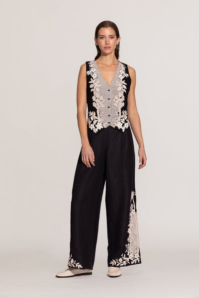Ranna Gill Alina Waistcoat in black viscose linen with ivory thread artwork.