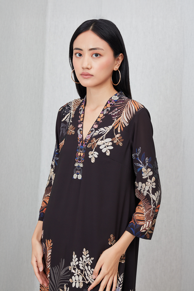Ranna Gill Virelle Tunic Set in black with autumn foliage print & mirror neckline.