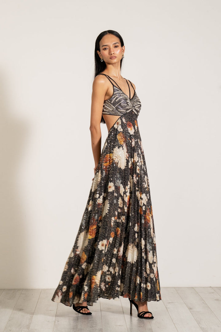 Macaw Dressa by Ranna Gill sleeveless, v-neck, maxi dress with a floral print and sequins, with crystal handwork embroidery on the bodice.