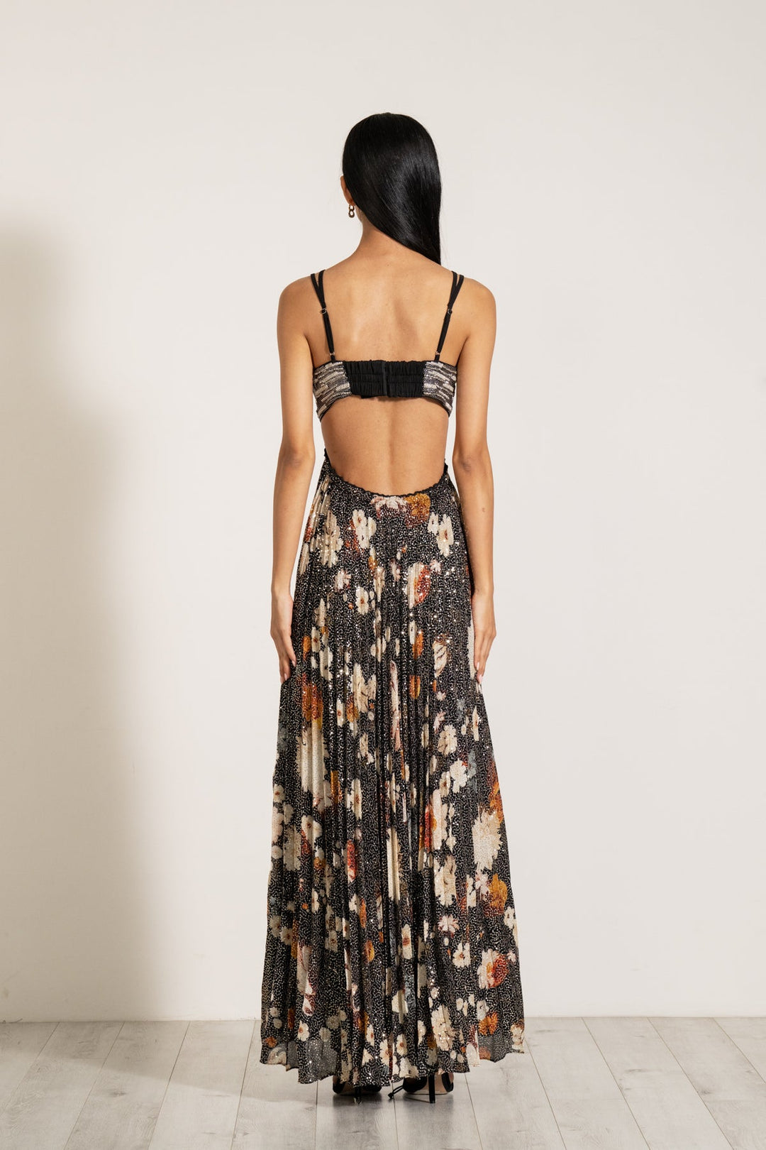 Macaw Dressa by Ranna Gill sleeveless, v-neck, maxi dress with a floral print and sequins, with crystal handwork embroidery on the bodice.